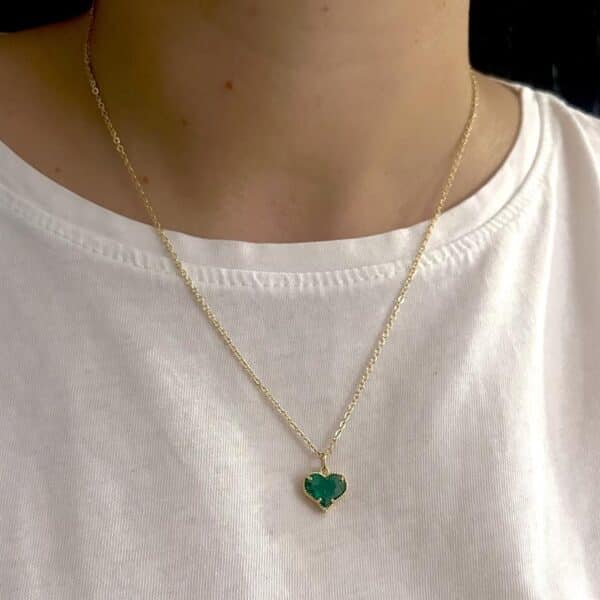 Yeşil Kalp Taşlı Gold Renk Bijuteri Kolye