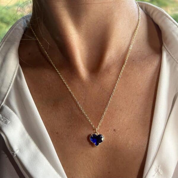 Mavi Kalp Taşlı Gold Renkli Bijuteri Kolye