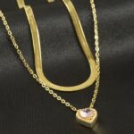 Zirkon Taşlı Kalp Figürlü Gold Renk İkili Paslanmaz Çelik Kolye Seti