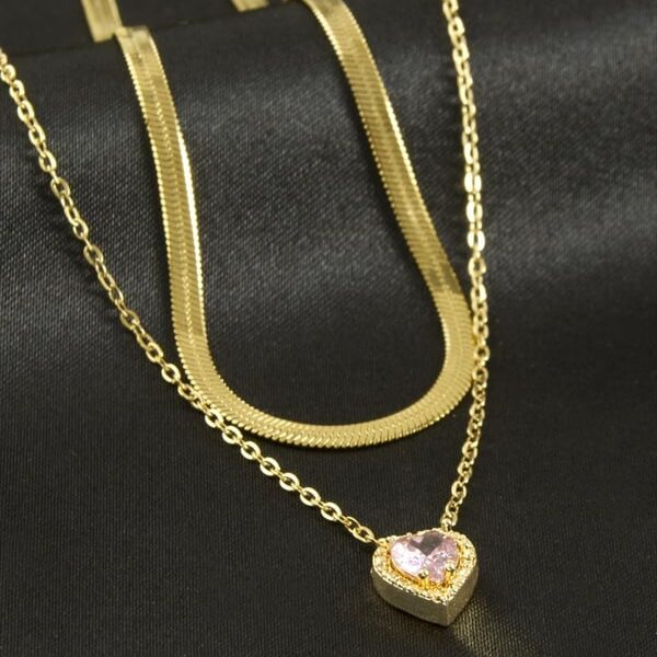 Zirkon Taşlı Kalp Figürlü Gold Renk İkili Paslanmaz Çelik Kolye Seti