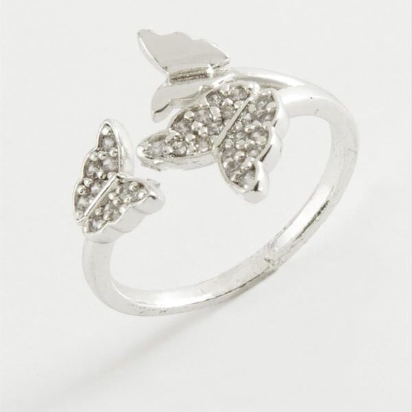 Gümüş Renk Taşlı Kelebek Figürlü Ayarlanabilir Bijuteri Yüzük