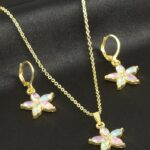 Renkli Taşlı Papatya Figürlü Gold Renk Bijuteri Kolye Küpe Seti