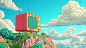 Retro Tv Cliff Overlooking Colorful Landscape Surreal Whimsical Playful Image About Broadcasting Entertainment Media