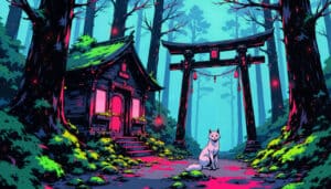 Serene Anime Forest With Shrine White Fox